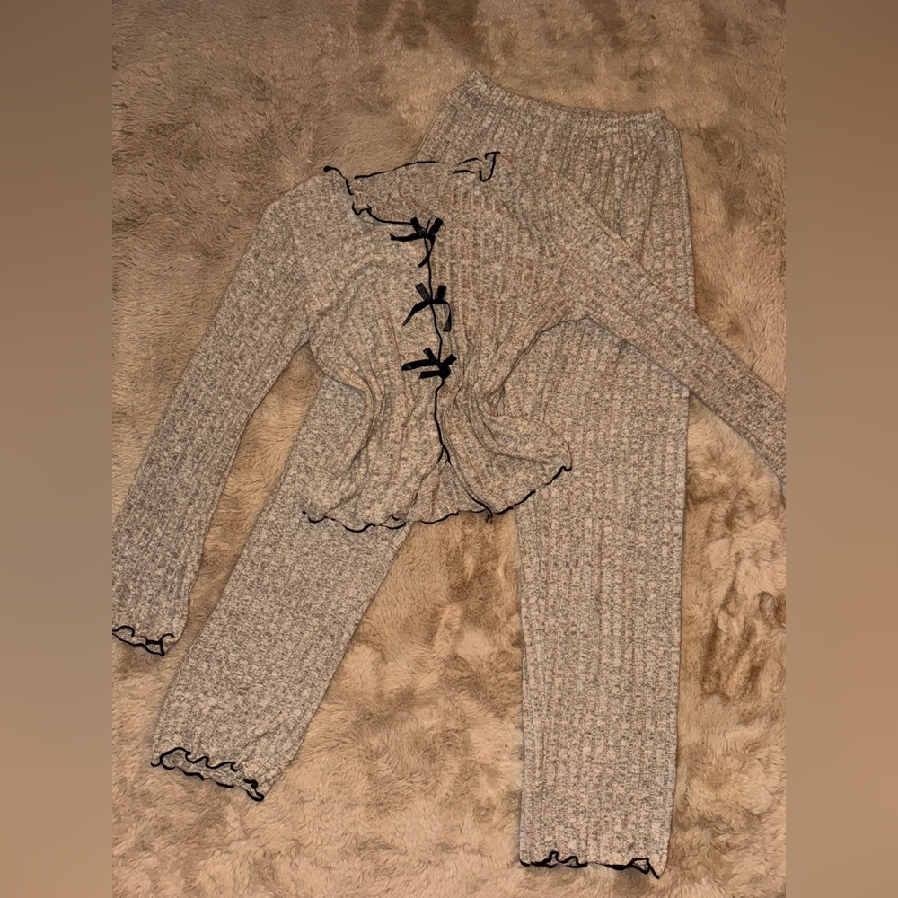 Cozy Gray Knit Pajama Set with Black Accents
